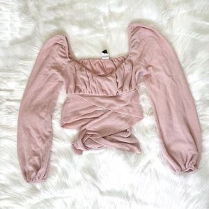 ✨ Winsdor Sweet Flirty Ribbed Blush Long Sleeve Wrap Crop Square Neck Size S